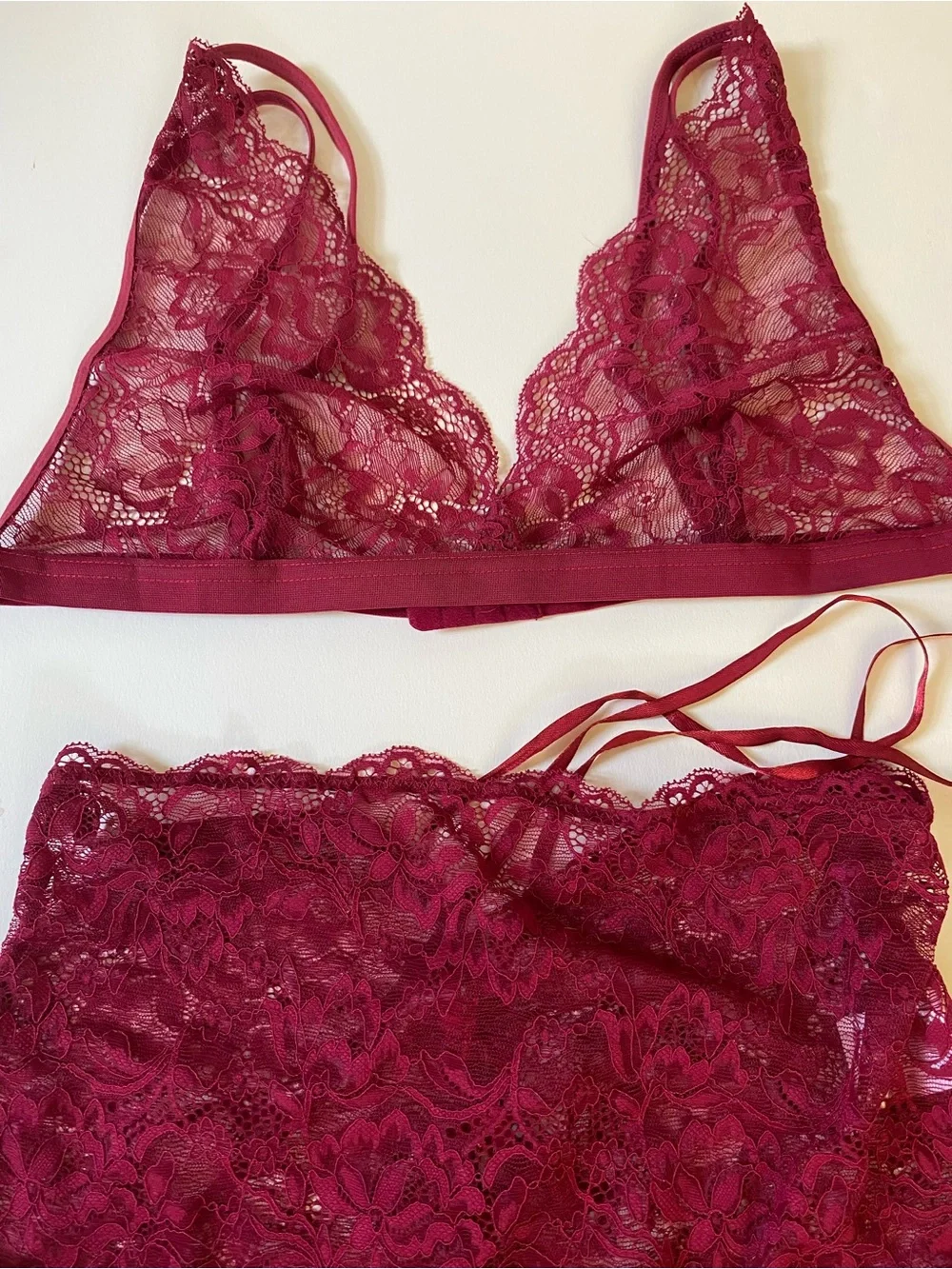 Burgundy Lace Lingerie 3 Piece Set Size L